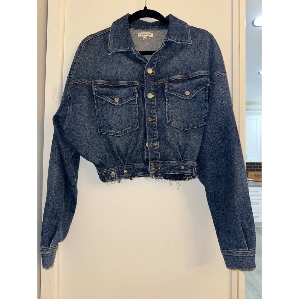 Good American Women Blue Cropped Raw Hem Denim Jacket Size 2 Medium Wash